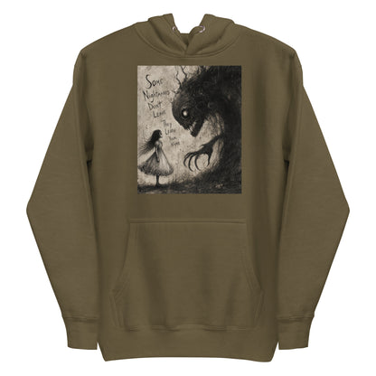 Military green pullover hoodie with the 'Nightmares' goth graphic: a girl in a white dress facing a shadowy clawed monster, with the words "Some nightmares don't leave, they learn your name"
