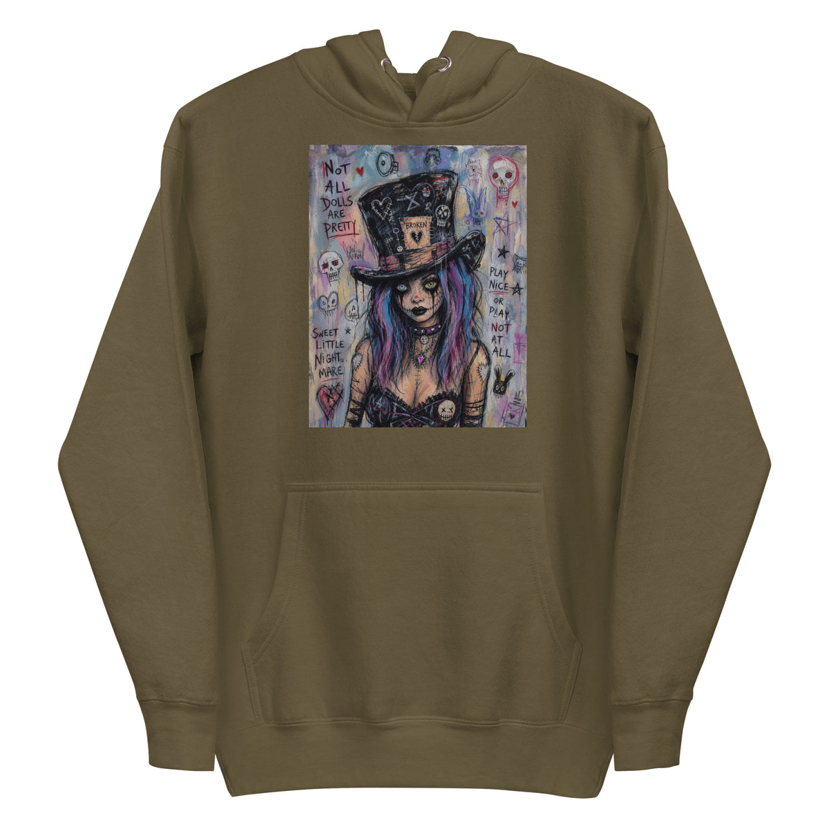 Military green pullover hoodie with the 'The Real Alice' goth graphic: a goth girl with blue and purple hair in a patched top hat, with the words "Not all dolls are pretty"