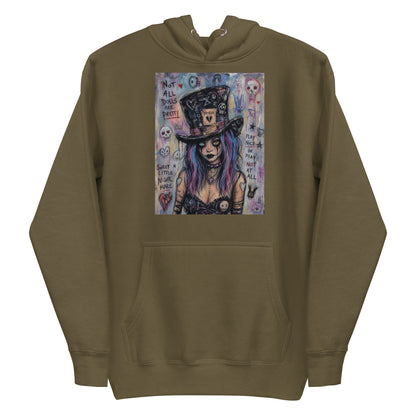 Military green pullover hoodie with the 'The Real Alice' goth graphic: a goth girl with blue and purple hair in a patched top hat, with the words "Not all dolls are pretty"