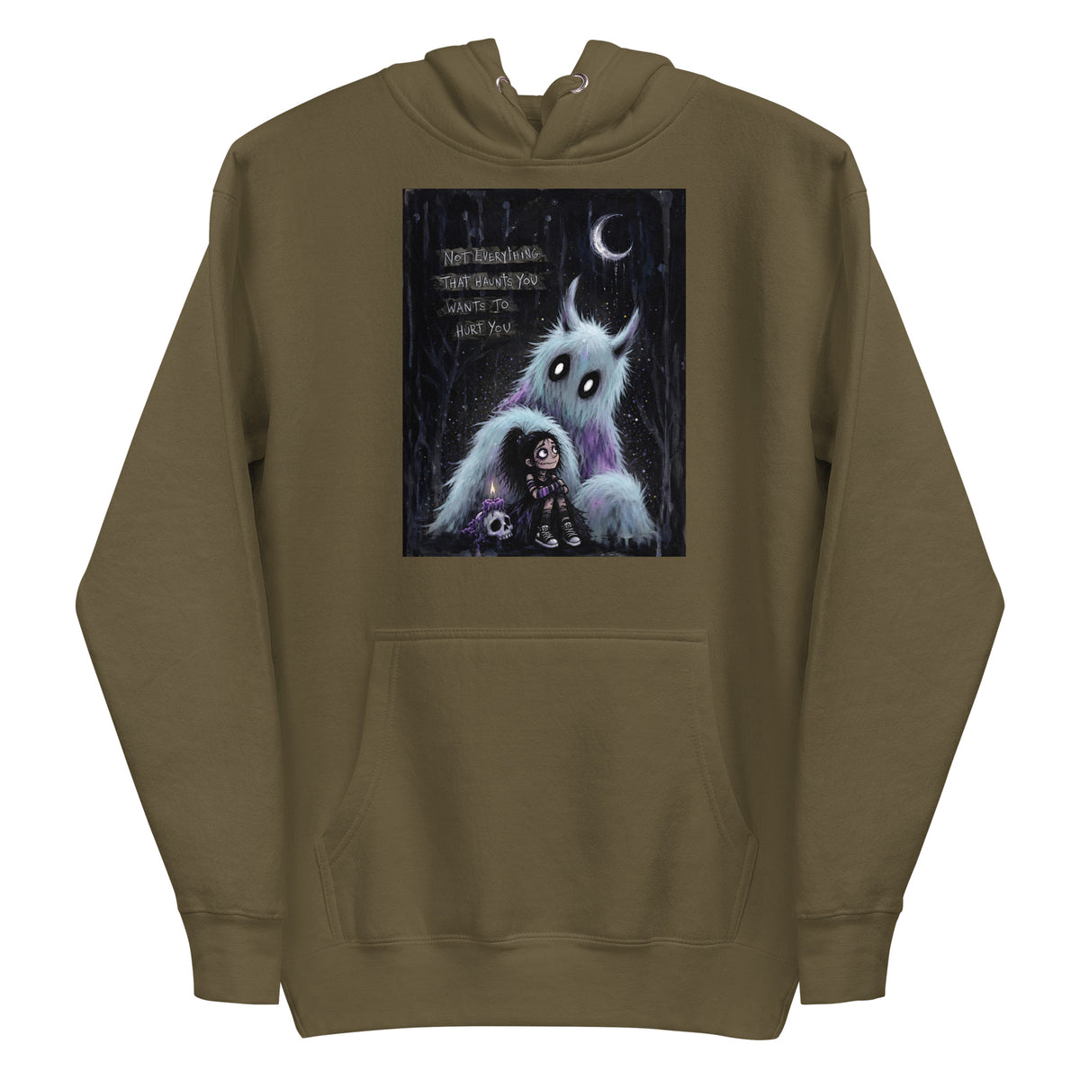 Military green pullover hoodie with the 'The Haunted' goth graphic: a little goth girl holding a candle beside a fuzzy blue monster under a crescent moon, with the words "Not everything that haunts you wants to hurt you"