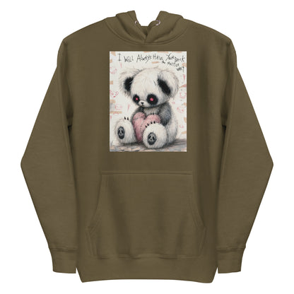 Military green pullover hoodie with the 'Always Got Your Back' goth graphic: a stitched panda-style teddy bear holding a pink heart, with the words "I will always have your back no matter what"