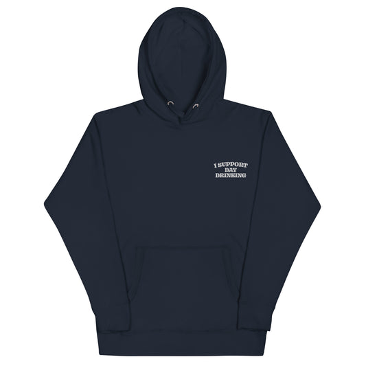 Navy unisex hoodie with embroidered chest text and front kangaroo pocket