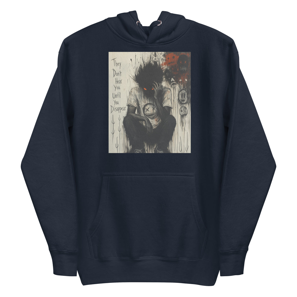 Navy pullover hoodie with the 'To Late' goth graphic: a shadowy, wild-haired figure with glowing red eyes hunched over, with the words "They don't hear you until you disappear"