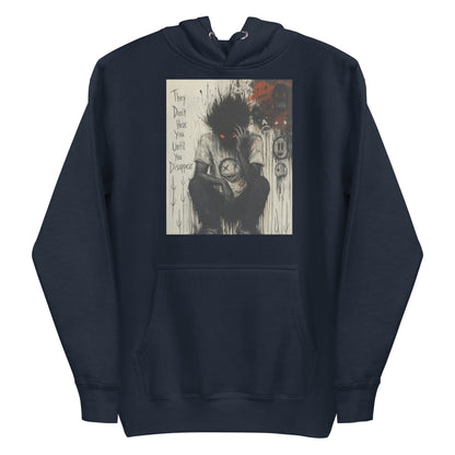 Navy pullover hoodie with the 'To Late' goth graphic: a shadowy, wild-haired figure with glowing red eyes hunched over, with the words "They don't hear you until you disappear"