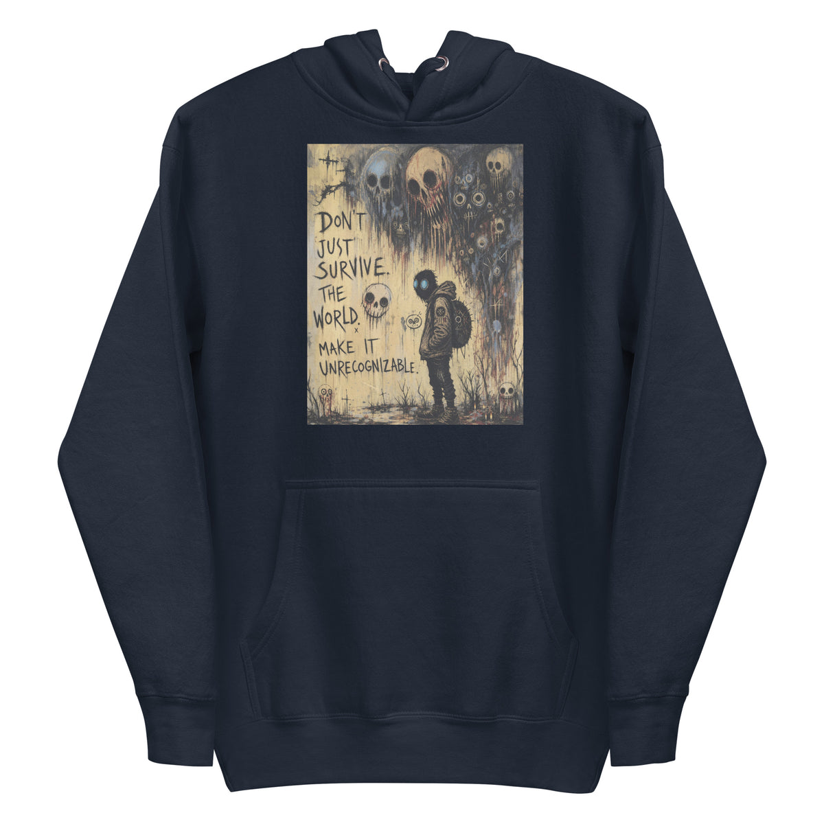 Navy pullover hoodie with the 'World Changer' goth graphic: a hooded figure beneath looming skulls, with the words "Don't just survive the world, make it unrecognizable"