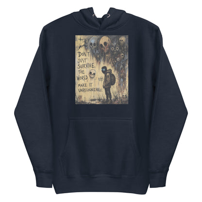 Navy pullover hoodie with the 'World Changer' goth graphic: a hooded figure beneath looming skulls, with the words "Don't just survive the world, make it unrecognizable"