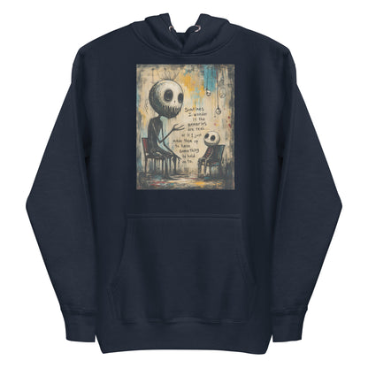 Navy pullover hoodie with the 'Memories' goth graphic: two skull-faced figures sitting in chairs, with the words "Sometimes I wonder if the memories are real"