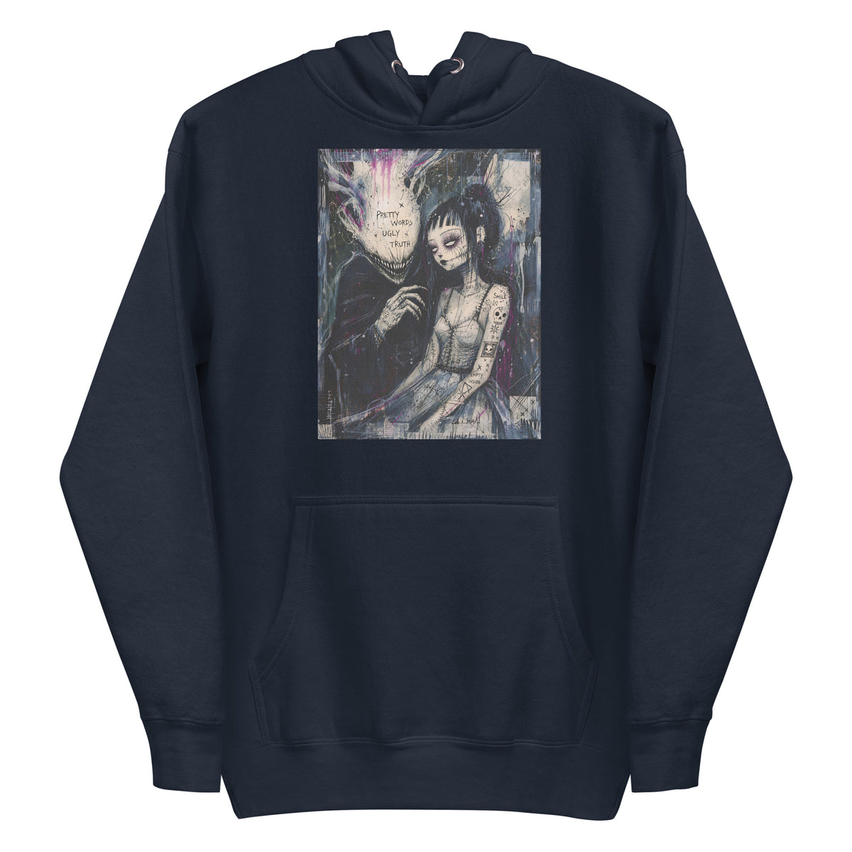 Navy pullover hoodie with the 'Pretty Words' goth graphic: a pale goth bride beside a shadowy creature, with the words "Pretty words, ugly truth"