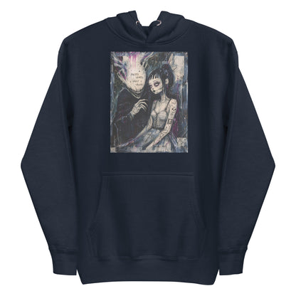 Navy pullover hoodie with the 'Pretty Words' goth graphic: a pale goth bride beside a shadowy creature, with the words "Pretty words, ugly truth"