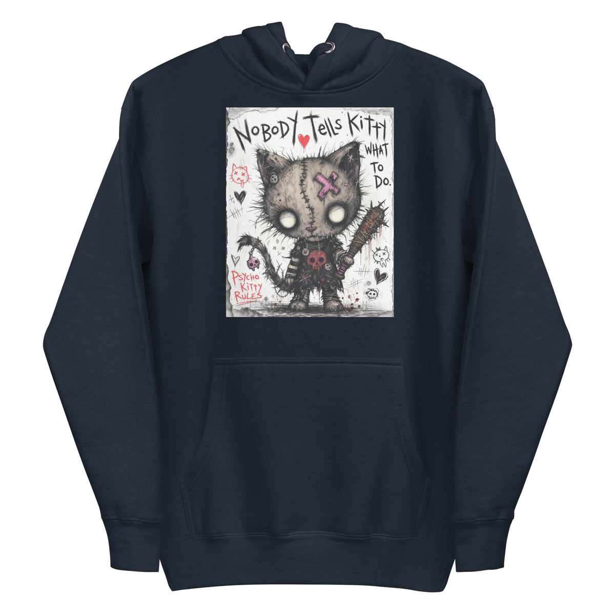 Navy pullover hoodie with the 'Kitty' goth graphic: a stitched zombie cat holding a spiked bat, with the words "Nobody tells Kitty what to do"