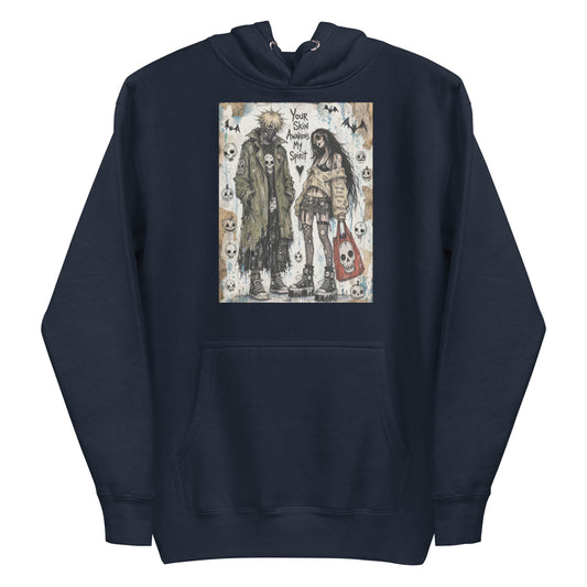 Navy pullover hoodie with the 'Your Skin Awakens My Spirit' goth graphic: a grunge zombie couple standing together, with the words "Your skin awakens my spirit"
