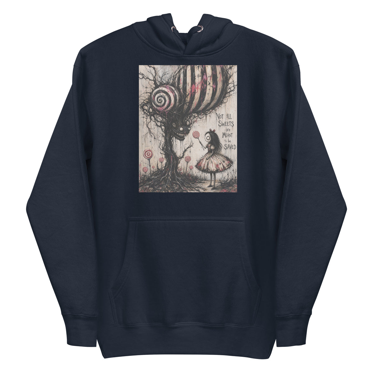 Navy pullover hoodie with the 'Sweet Tooth' goth graphic: a girl with a lollipop facing a creepy candy-striped tree monster, with the words "Not all sweets are meant to be saved"