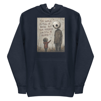 Navy pullover hoodie with the 'Stay Kind' goth graphic: a tall skull-faced figure and a small child holding a flower, with the words "The world is full of noise, but your kindness can still be heard"