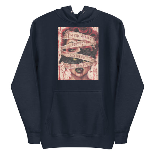 Navy pullover hoodie with the 'Just Something Real' goth graphic: a red-haired woman's face wrapped in bandages, with the words "I never needed perfect, I just needed something real"