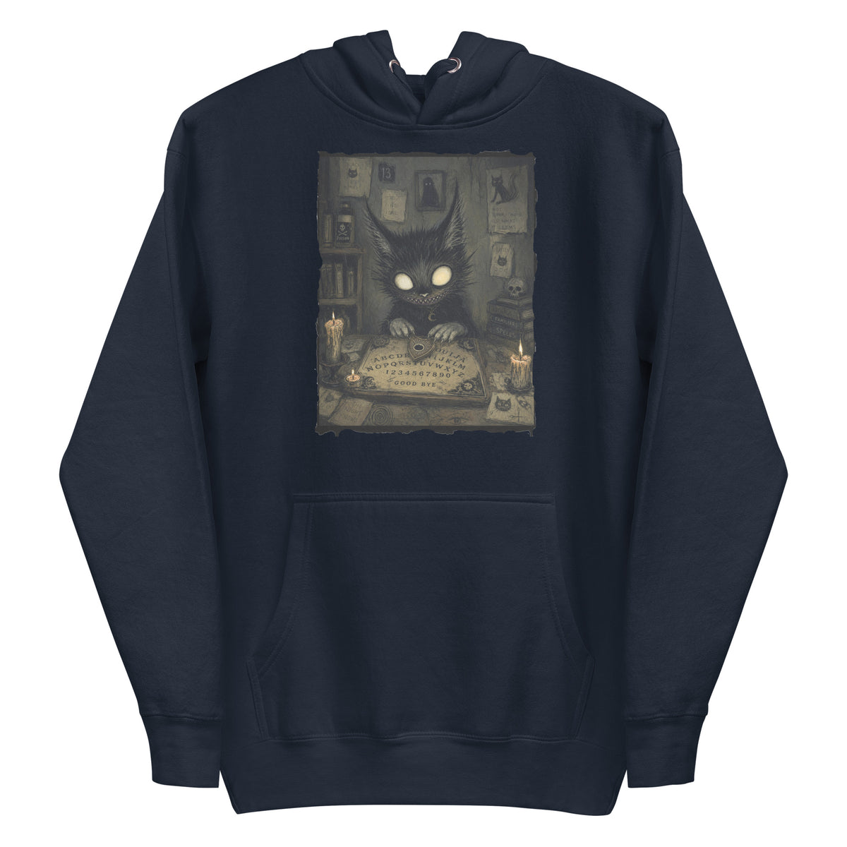Navy pullover hoodie with the 'Free Readings' goth graphic: a wide-eyed black cat creature at a Ouija board surrounded by candles