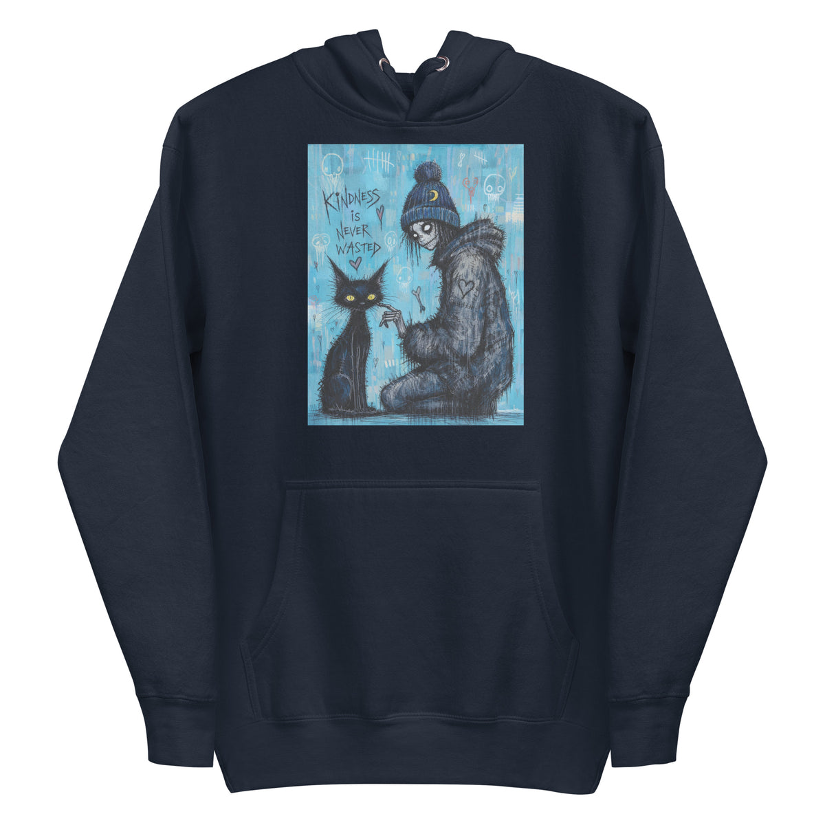 Navy pullover hoodie with the 'Kindness Is Never Wasted' goth graphic: a girl in a moon beanie petting a black cat on a blue background, with the words "Kindness is never wasted"