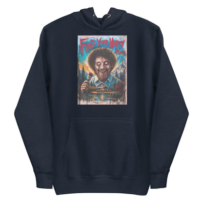 Navy pullover hoodie with the 'Find Your Happy Place' goth graphic: a zombie painter with a curly afro holding a paintbrush in front of a lakeside cabin, with the words "Find your happy place"