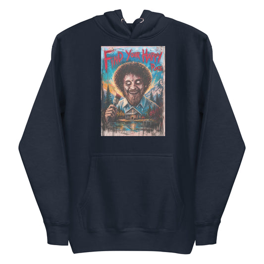 Navy pullover hoodie with the 'Find Your Happy Place' goth graphic: a zombie painter with a curly afro holding a paintbrush in front of a lakeside cabin, with the words "Find your happy place"