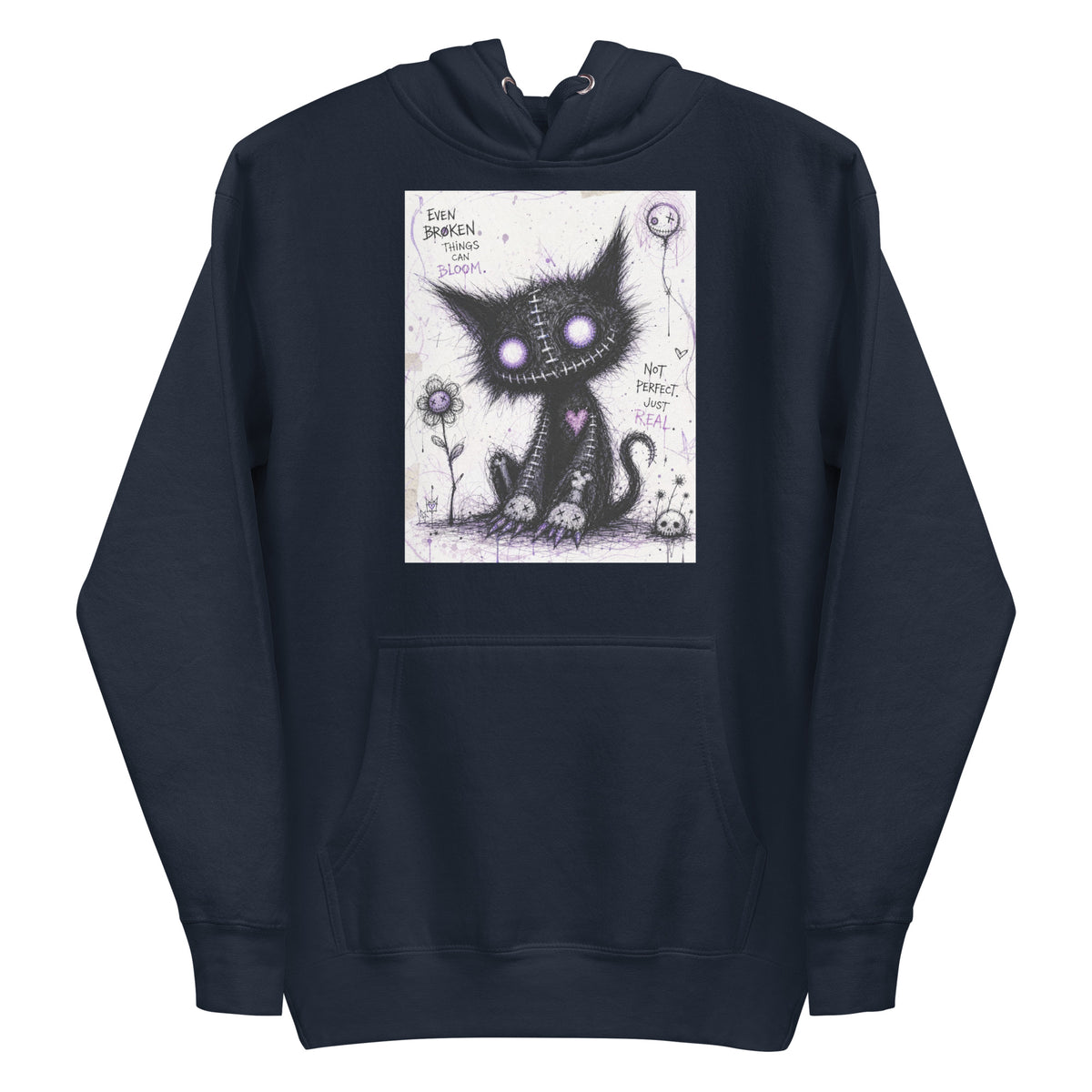 Navy pullover hoodie with the 'Even Broken Things Can Bloom' goth graphic: a stitched black cat with glowing purple eyes beside a flower, with the words "Even broken things can bloom"