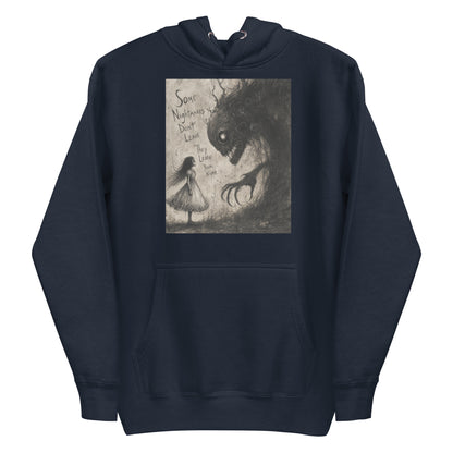 Navy pullover hoodie with the 'Nightmares' goth graphic: a girl in a white dress facing a shadowy clawed monster, with the words "Some nightmares don't leave, they learn your name"