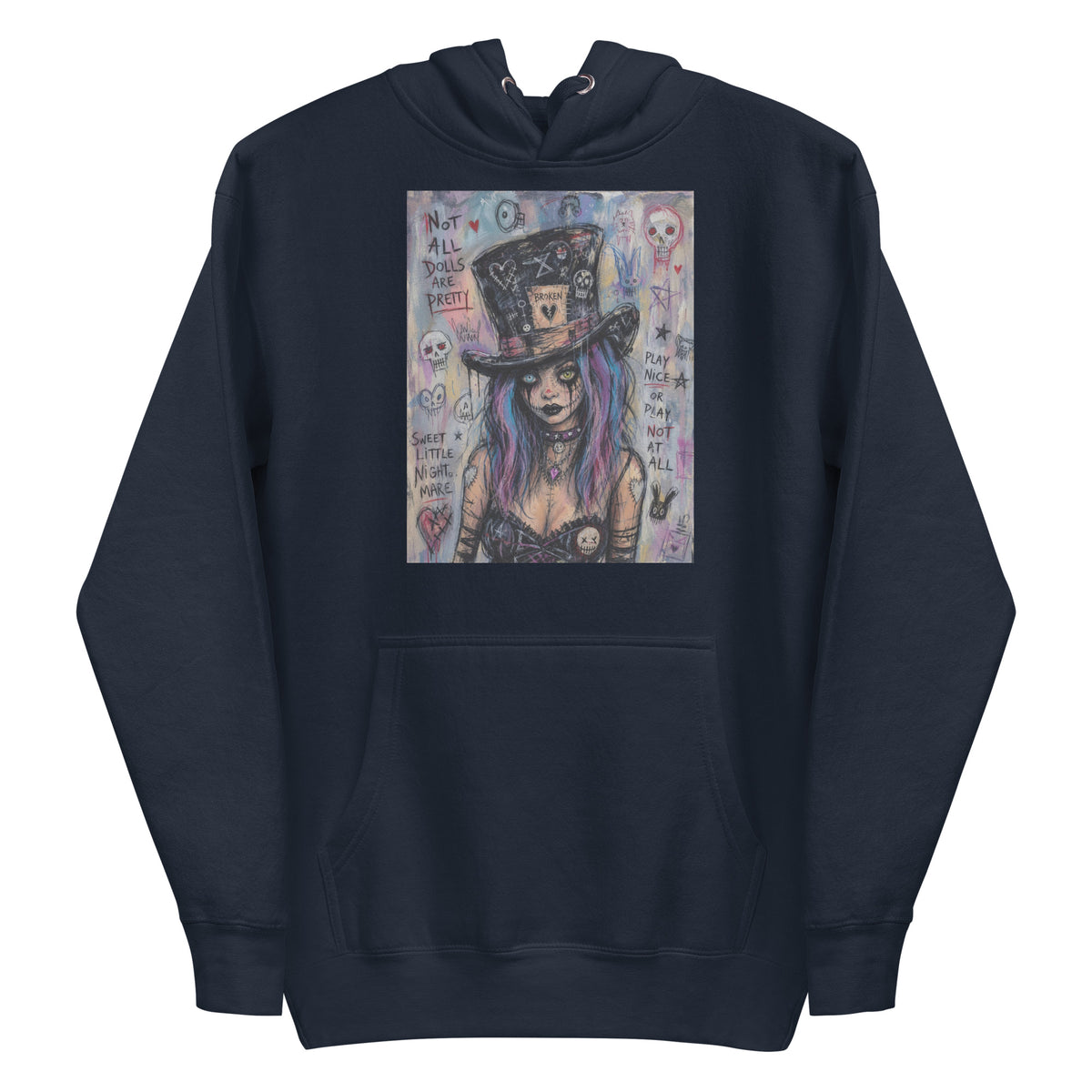 Navy pullover hoodie with the 'The Real Alice' goth graphic: a goth girl with blue and purple hair in a patched top hat, with the words "Not all dolls are pretty"