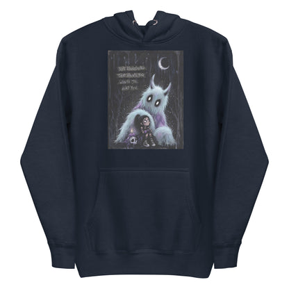 Navy pullover hoodie with the 'The Haunted' goth graphic: a little goth girl holding a candle beside a fuzzy blue monster under a crescent moon, with the words "Not everything that haunts you wants to hurt you"