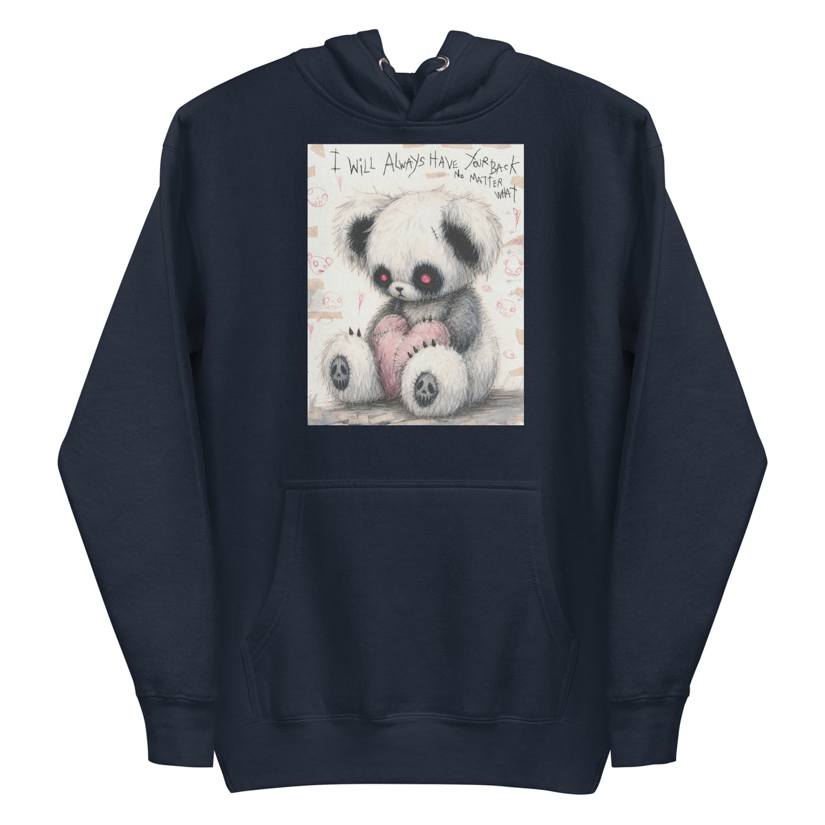 Navy pullover hoodie with the 'Always Got Your Back' goth graphic: a stitched panda-style teddy bear holding a pink heart, with the words "I will always have your back no matter what"