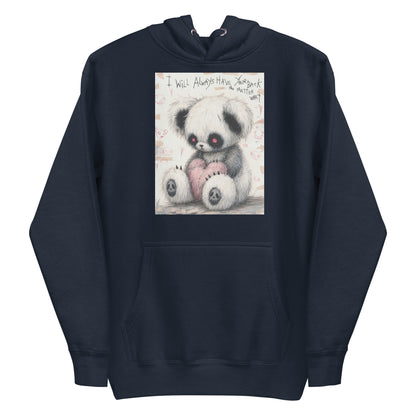 Navy pullover hoodie with the 'Always Got Your Back' goth graphic: a stitched panda-style teddy bear holding a pink heart, with the words "I will always have your back no matter what"
