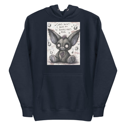Navy pullover hoodie with the 'Chaos' goth graphic: a stitched gray big-eared creature with button eyes, with the words "Chaos doesn't break you, it reveals what's real"