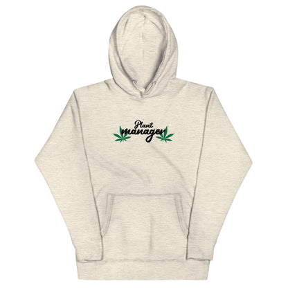 Unisex hoodie in light heather gray with Plant Managers logo on chest and front kangaroo pocket