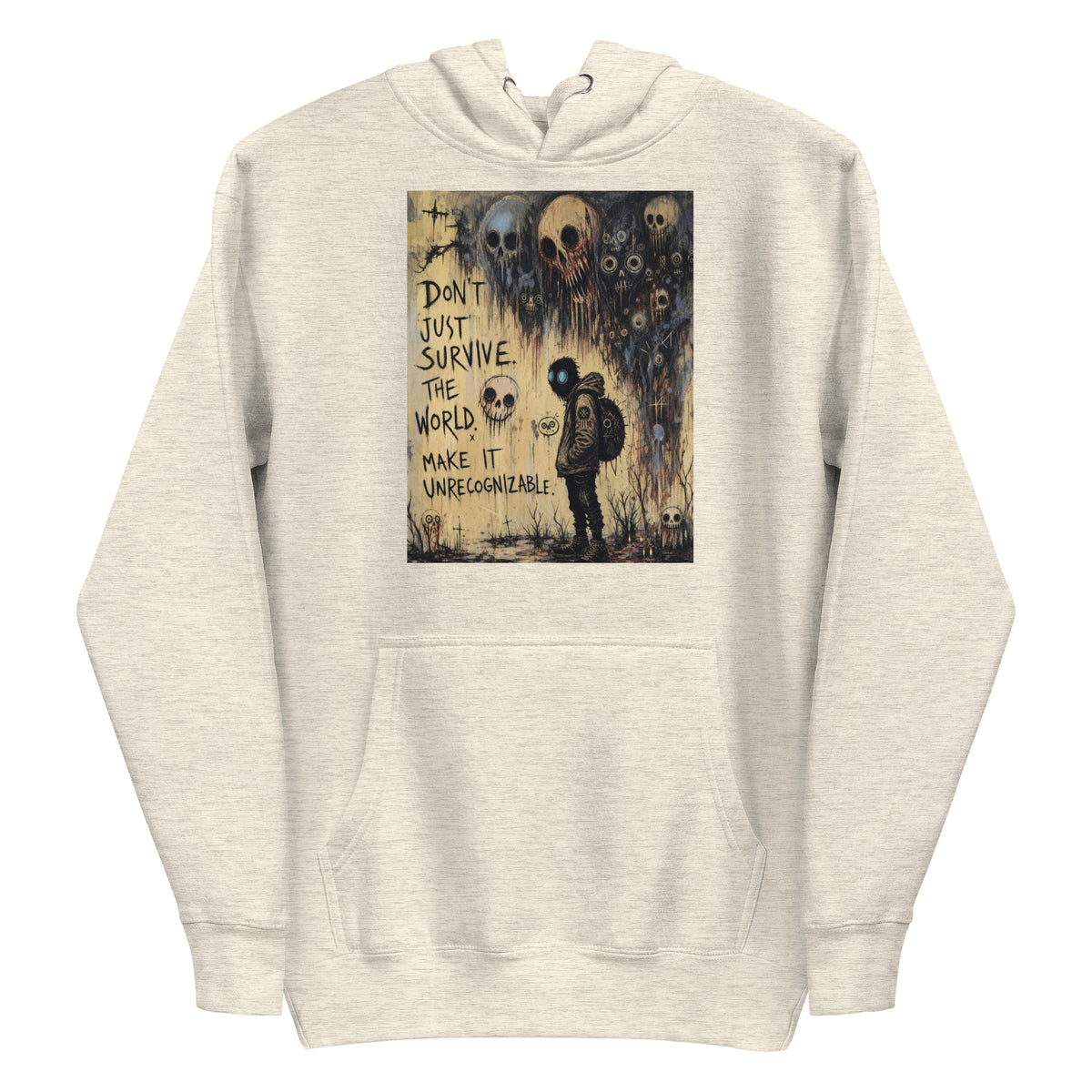 Oatmeal heather pullover hoodie with the 'World Changer' goth graphic: a hooded figure beneath looming skulls, with the words "Don't just survive the world, make it unrecognizable"