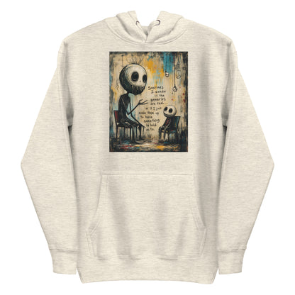 Oatmeal heather pullover hoodie with the 'Memories' goth graphic: two skull-faced figures sitting in chairs, with the words "Sometimes I wonder if the memories are real"