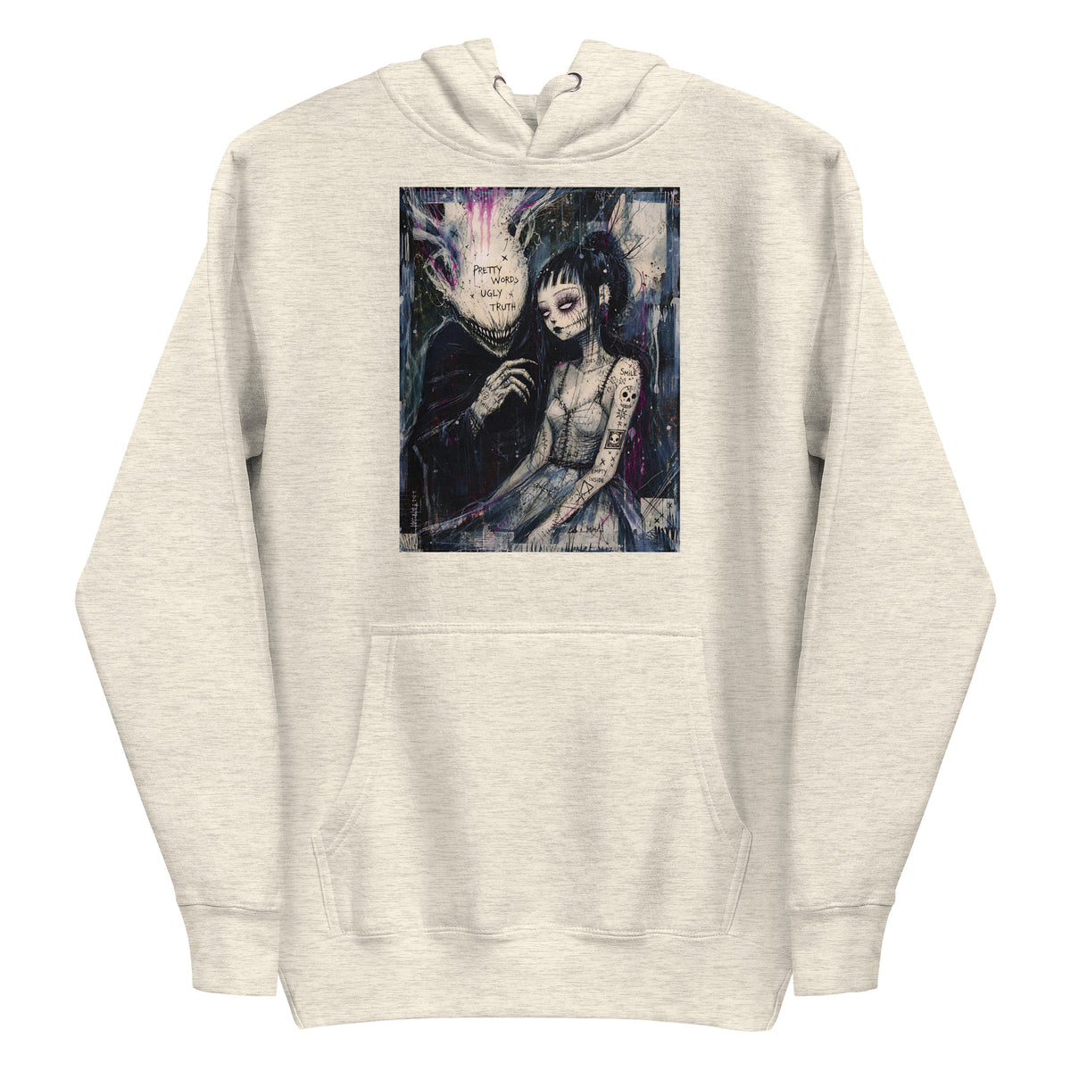 Oatmeal heather pullover hoodie with the 'Pretty Words' goth graphic: a pale goth bride beside a shadowy creature, with the words "Pretty words, ugly truth"