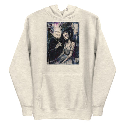 Oatmeal heather pullover hoodie with the 'Pretty Words' goth graphic: a pale goth bride beside a shadowy creature, with the words "Pretty words, ugly truth"