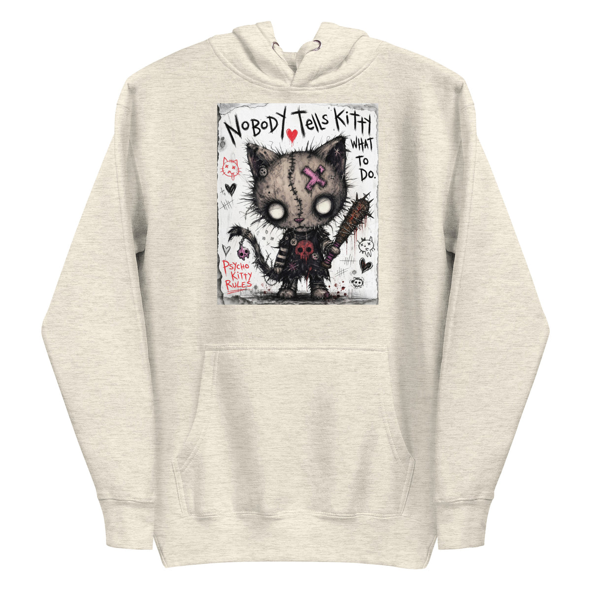 Oatmeal heather pullover hoodie with the 'Kitty' goth graphic: a stitched zombie cat holding a spiked bat, with the words "Nobody tells Kitty what to do"