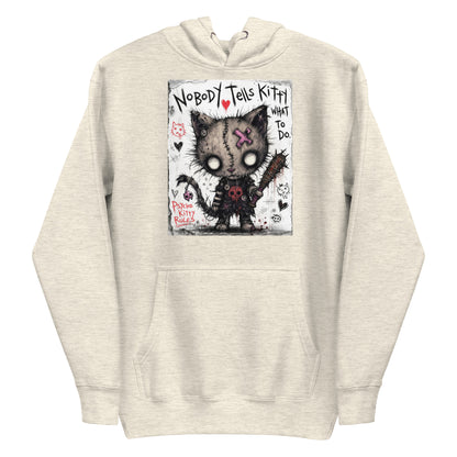 Oatmeal heather pullover hoodie with the 'Kitty' goth graphic: a stitched zombie cat holding a spiked bat, with the words "Nobody tells Kitty what to do"