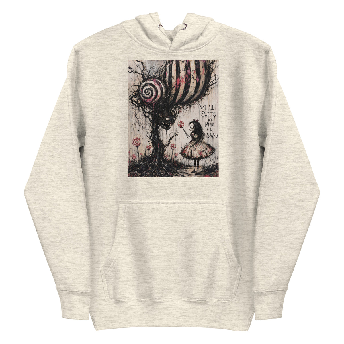 Oatmeal heather pullover hoodie with the 'Sweet Tooth' goth graphic: a girl with a lollipop facing a creepy candy-striped tree monster, with the words "Not all sweets are meant to be saved"