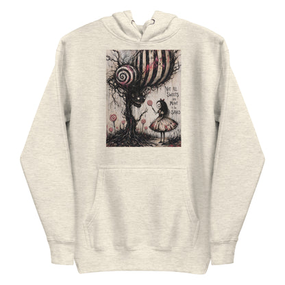 Oatmeal heather pullover hoodie with the 'Sweet Tooth' goth graphic: a girl with a lollipop facing a creepy candy-striped tree monster, with the words "Not all sweets are meant to be saved"