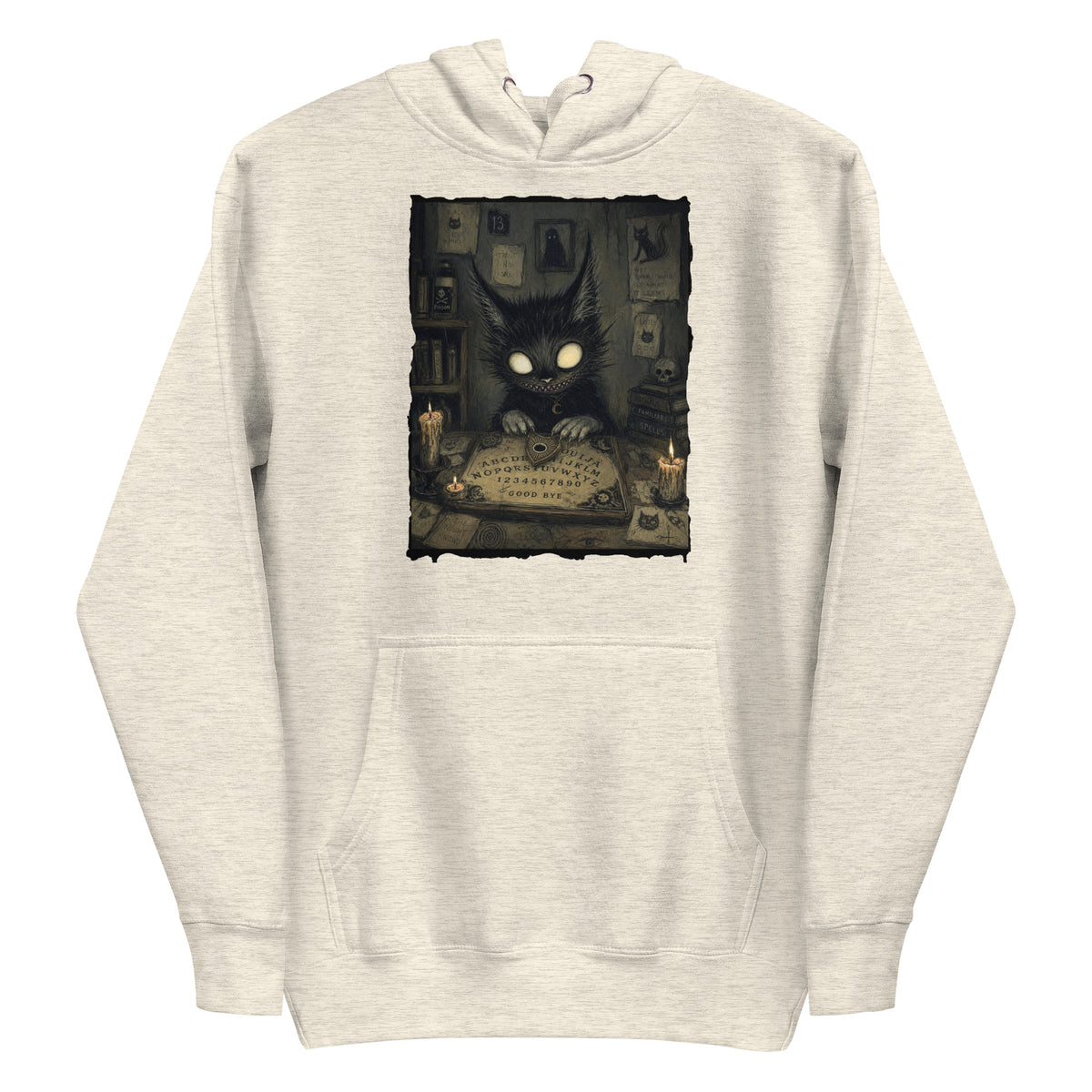 Oatmeal heather pullover hoodie with the 'Free Readings' goth graphic: a wide-eyed black cat creature at a Ouija board surrounded by candles