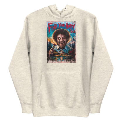 Oatmeal heather pullover hoodie with the 'Find Your Happy Place' goth graphic: a zombie painter with a curly afro holding a paintbrush in front of a lakeside cabin, with the words "Find your happy place"