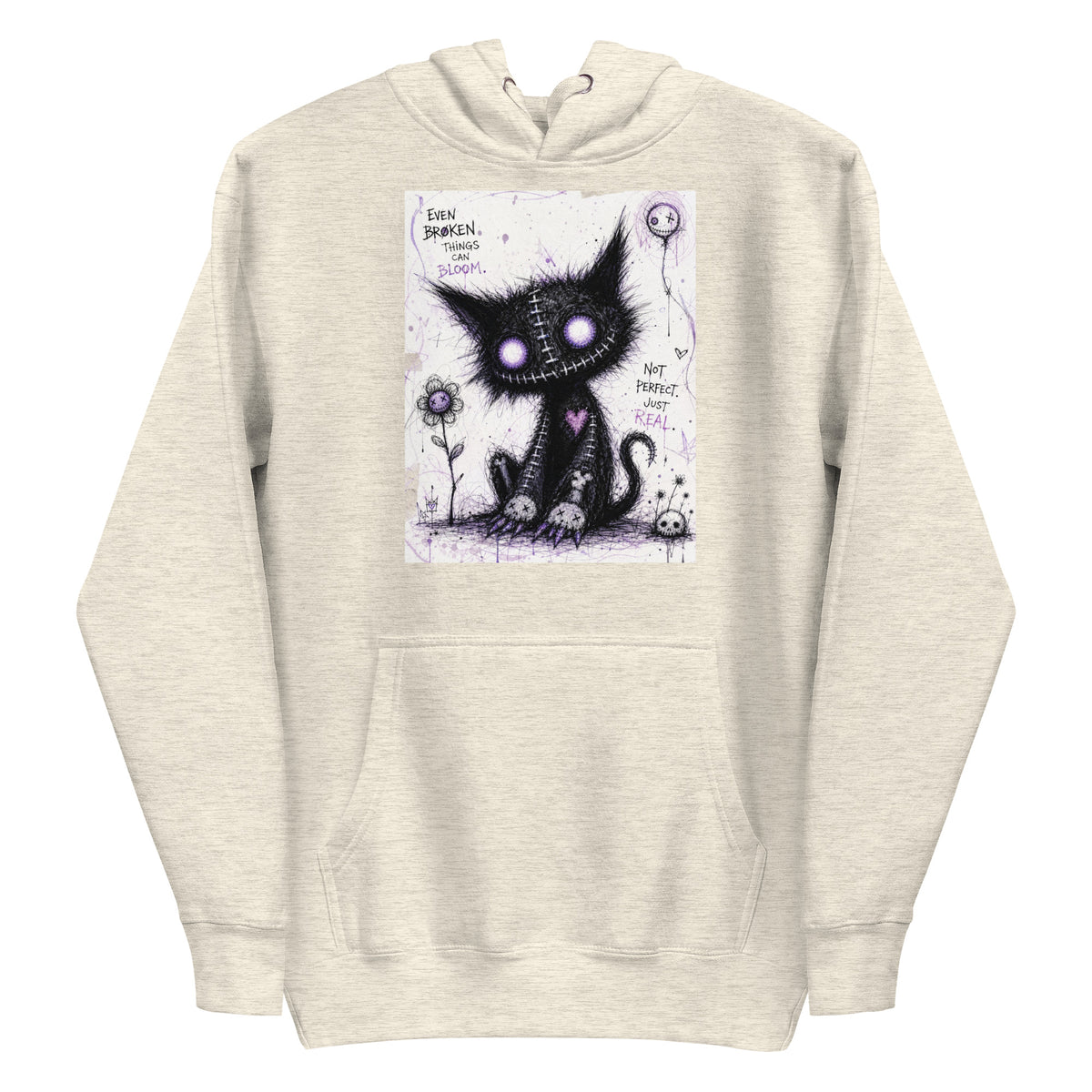 Oatmeal heather pullover hoodie with the 'Even Broken Things Can Bloom' goth graphic: a stitched black cat with glowing purple eyes beside a flower, with the words "Even broken things can bloom"