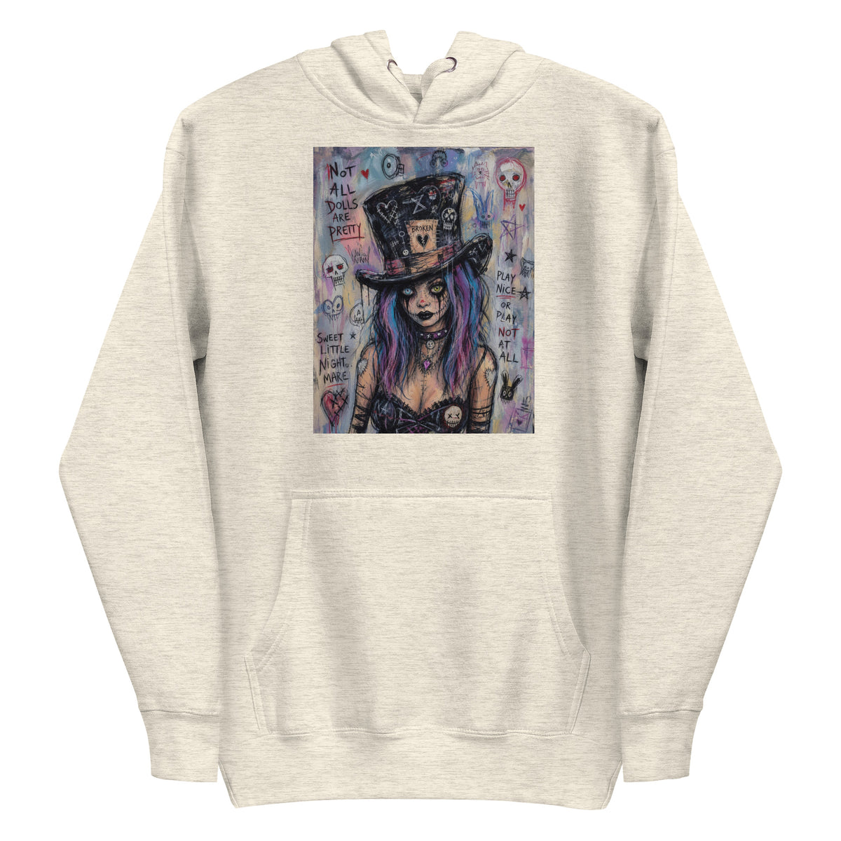 Oatmeal heather pullover hoodie with the 'The Real Alice' goth graphic: a goth girl with blue and purple hair in a patched top hat, with the words "Not all dolls are pretty"