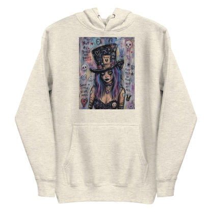 Oatmeal heather pullover hoodie with the 'The Real Alice' goth graphic: a goth girl with blue and purple hair in a patched top hat, with the words "Not all dolls are pretty"