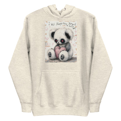Oatmeal heather pullover hoodie with the 'Always Got Your Back' goth graphic: a stitched panda-style teddy bear holding a pink heart, with the words "I will always have your back no matter what"