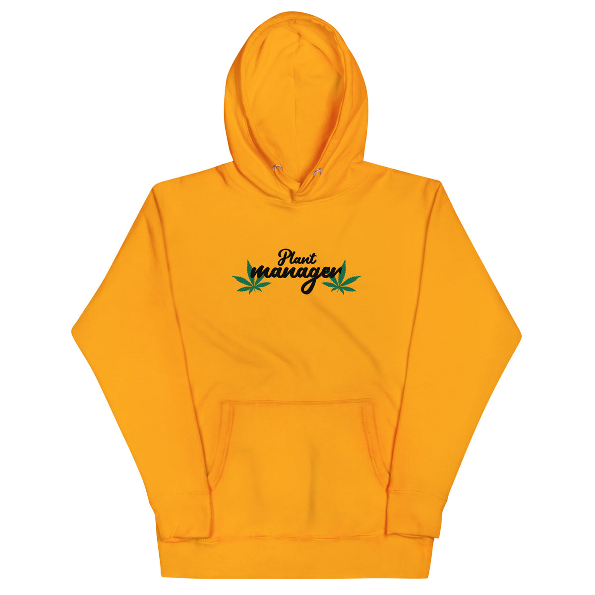 Unisex hoodie in bright orange with Plant Managers logo on chest and kangaroo pocket
