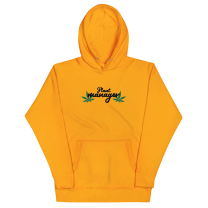 Unisex hoodie in bright orange with Plant Managers logo on chest and kangaroo pocket