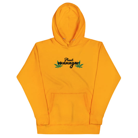 Unisex hoodie in bright orange with Plant Managers logo on chest and kangaroo pocket