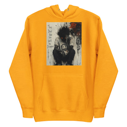 Gold pullover hoodie with the 'To Late' goth graphic: a shadowy, wild-haired figure with glowing red eyes hunched over, with the words "They don't hear you until you disappear"
