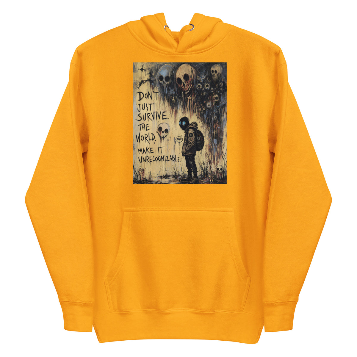 Gold pullover hoodie with the 'World Changer' goth graphic: a hooded figure beneath looming skulls, with the words "Don't just survive the world, make it unrecognizable"