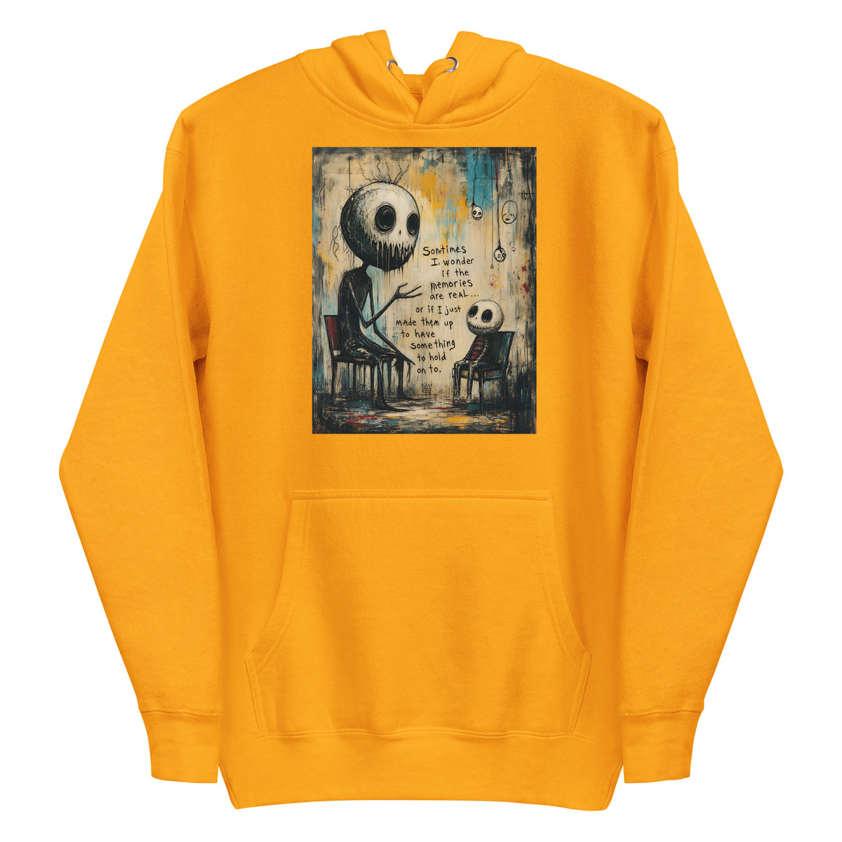 Gold pullover hoodie with the 'Memories' goth graphic: two skull-faced figures sitting in chairs, with the words "Sometimes I wonder if the memories are real"